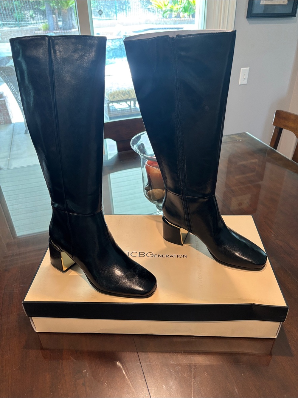 BCBGeneration Black Over-The-Knee Block Heel Boots with Gold Accent